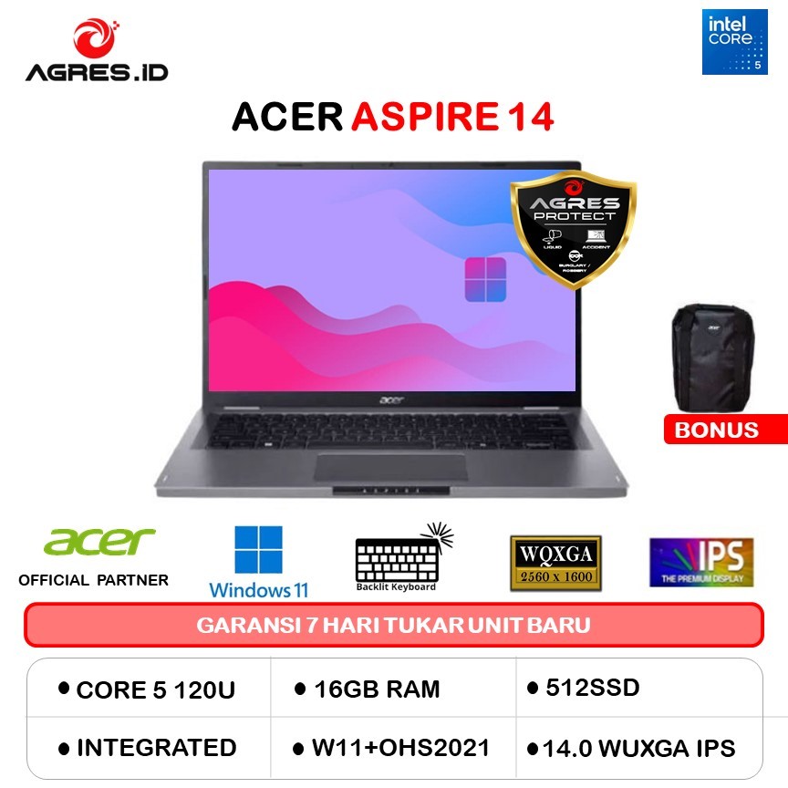 ACER ASPIRE 14 CORE 5 120U 16GB 512GB W11PRO+OHS 14.0WUXGA IPS GRY -51M.5296