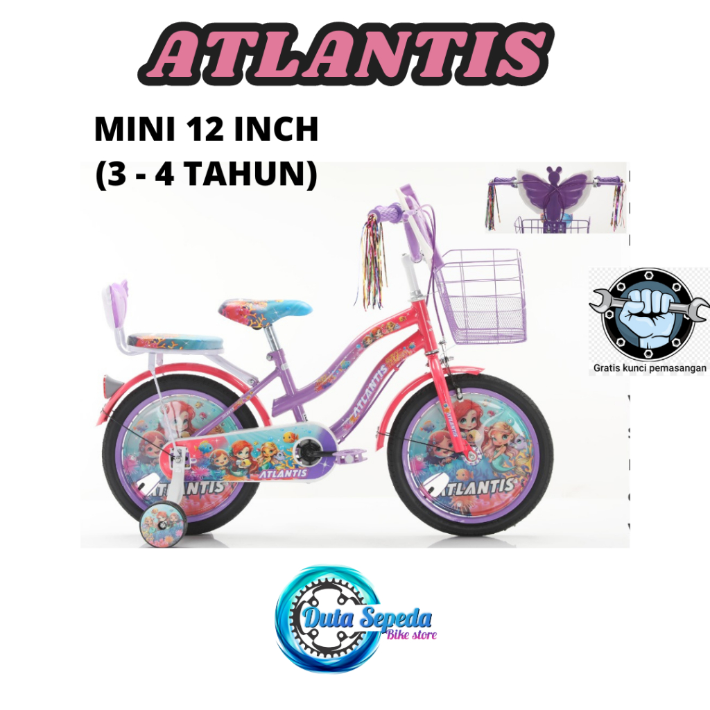 Sepeda anak perempuan ukuran 12 inch usia 2 - 4 tahun