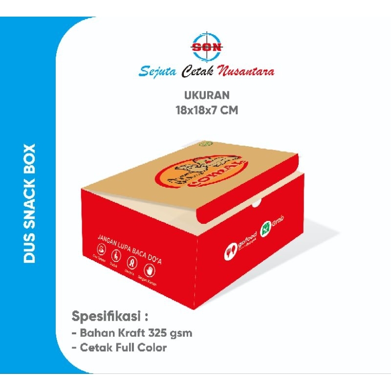 

Costum SNACK BOX Ayam Comal UKURAN 18x18x7 CM Bahan Kraft 325 gsm- Cetak Full Color