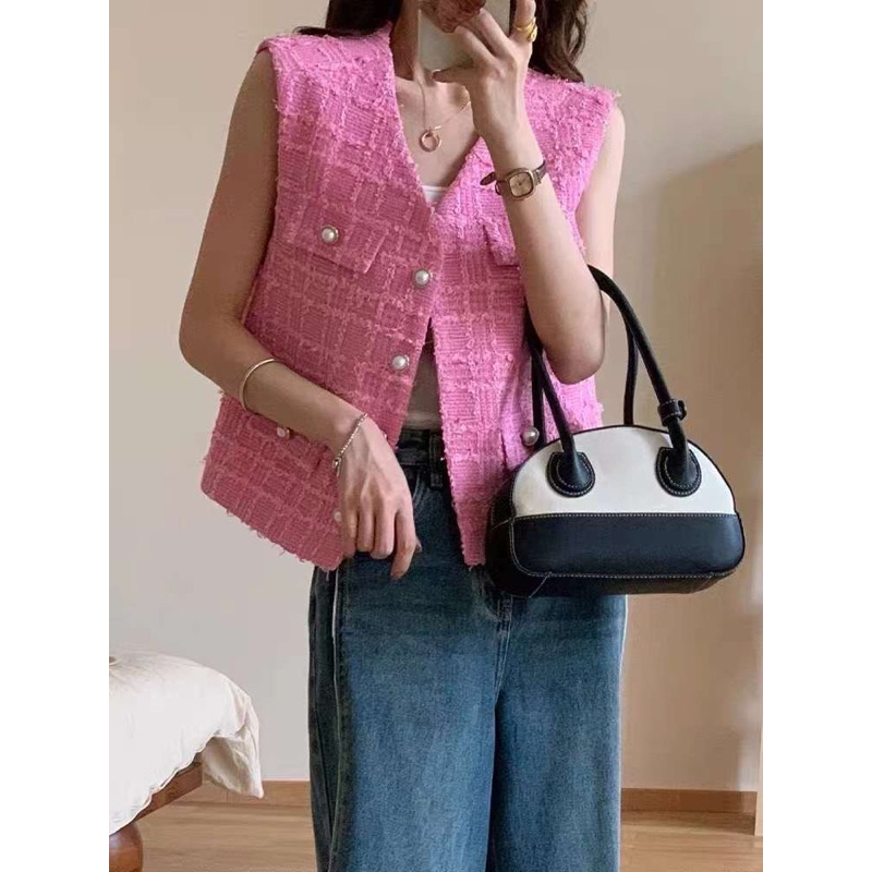 Nineties Studio - Vest tweed barbie / vest wanita / rompi wanita / rompi kancing mutiara / tweed ves