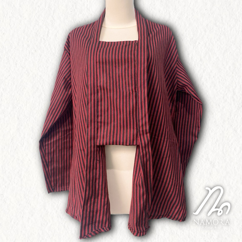 Baju Kebaya Lurik Tradisional Atasan Pakaian Adat Jawa Lengan Panjang Wanita Dewasa Warna Merah Hita