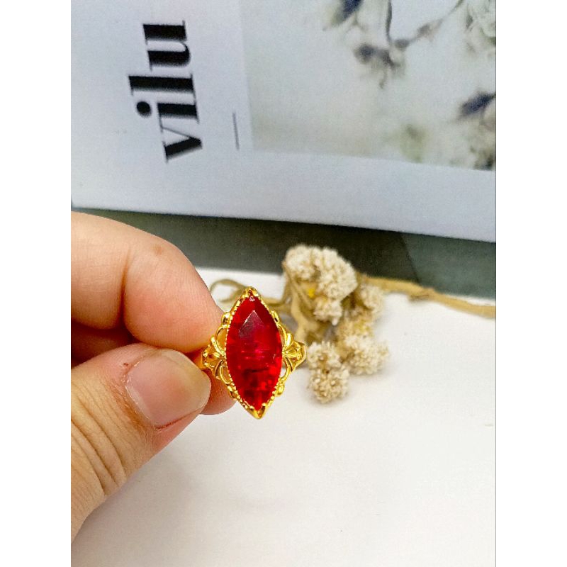 H. Cincin berlapis emas batu giok merah delima untuk dewasa mewah