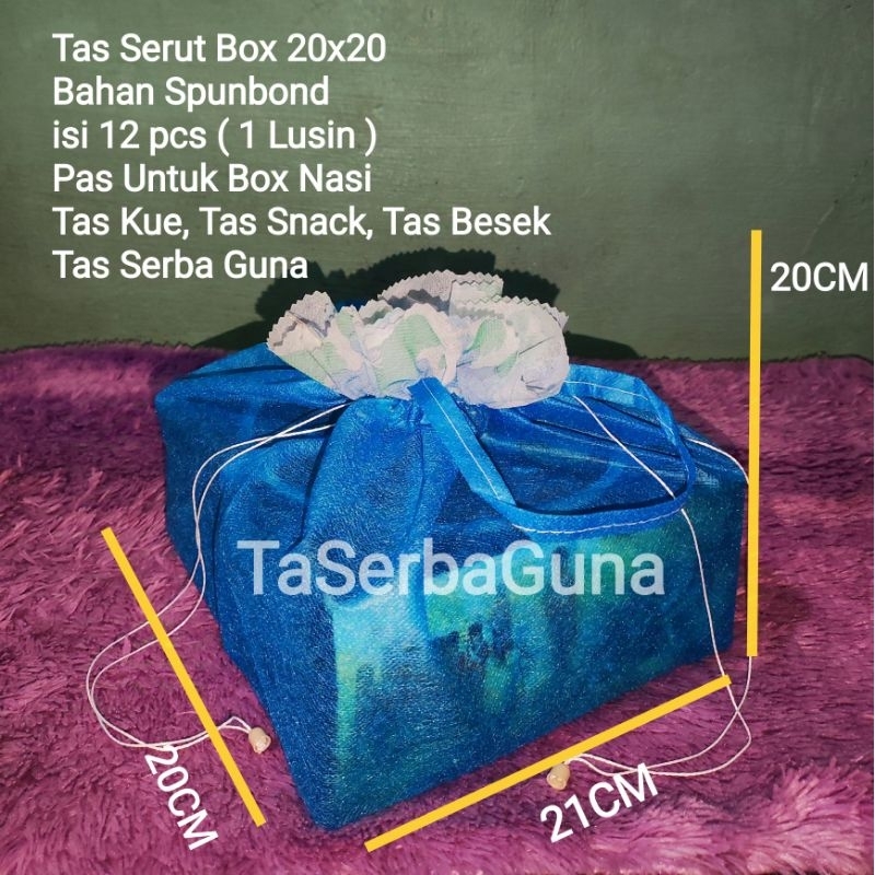 Tas Serut Kotak 20X20 Isi 12pcs / Tas 1 Lusin Goodiebag Spunbond / Tas Snack box / Kotak Nasi Ukuran