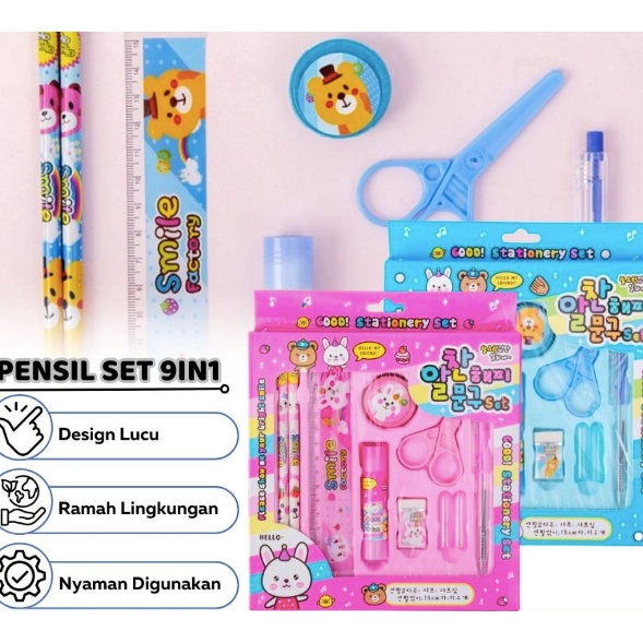 

Grosir Merakyat Pensil Set 9in1 Karakter Lucu Paket Lengkap Alat Tulis Tutup Pensil Pulpen Penghapus Penggaris Rautan Lem Gunting Kertas Gambar kartun Imut Mini Stationery Character 9 Pcs ATK Perlengkapan Menulis Anak Sekolah Hadiah Kado Ulang Tahun S