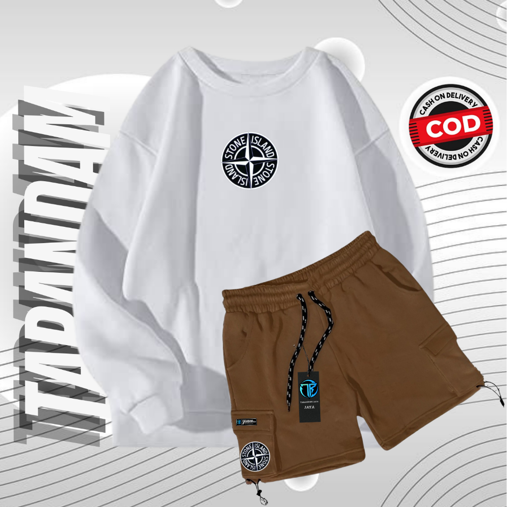 One Set Sweater Crewneck Pria Wanita Warna Putih And Mocca Motif Stone Island Premium Stelan Cargo K