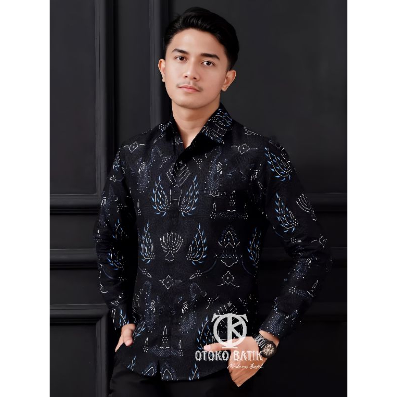 OToko Batik PEDRO Kemeja Batik Hitam Gelap Pria Dewasa Lengan Panjang Ukuran M L XL XXL