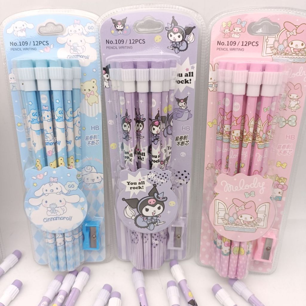 

Pensil Batang Hb Isi 12 Pcs + 1 Pcs Serutan Set Hb Kuromi / Cinnamoroll / Melody