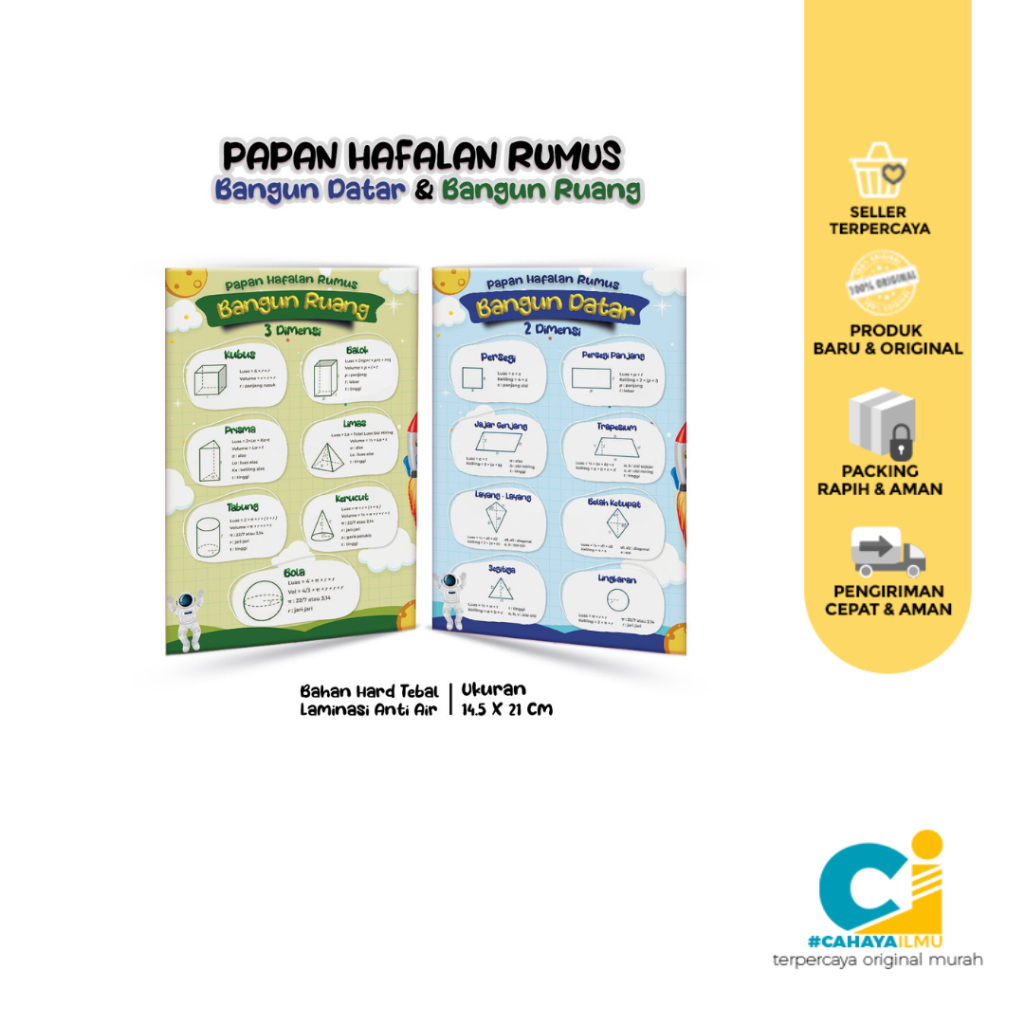 

Papan Hafalan Rumus Bangun Datar & Bangun Ruang Bahan Hard Tebal Laminasi Anti Air 14,5 x 21 cm