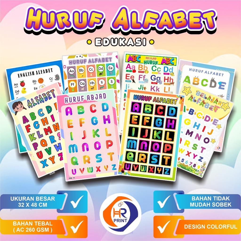Poster Edukasi HURUF ABJAD ALFABET - Poster Huruf Alfabet -Belajar mengenal HURUF ABJAD ALFABET