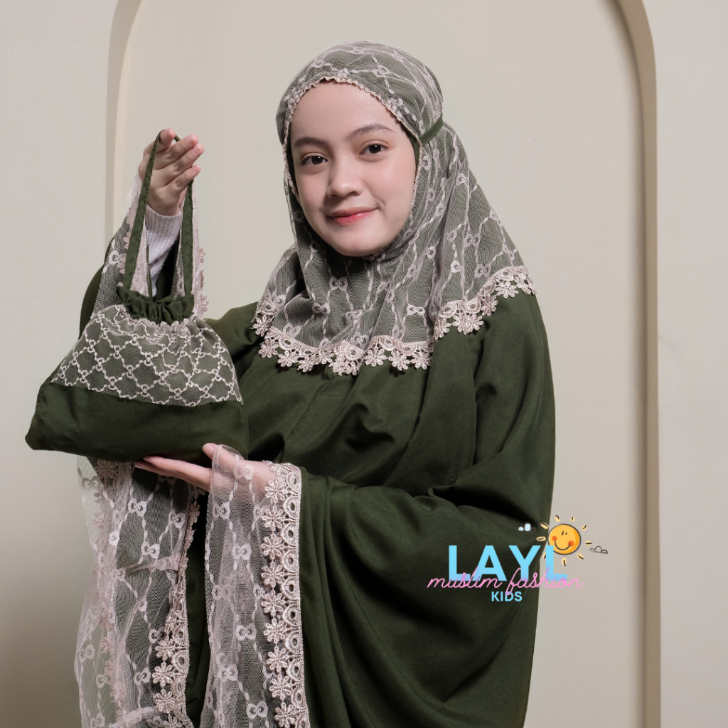 LAYL - Mukena Anak Safira Brokat Tile Renda Mewah Katun Premium Usia 8 - 13 Tahun