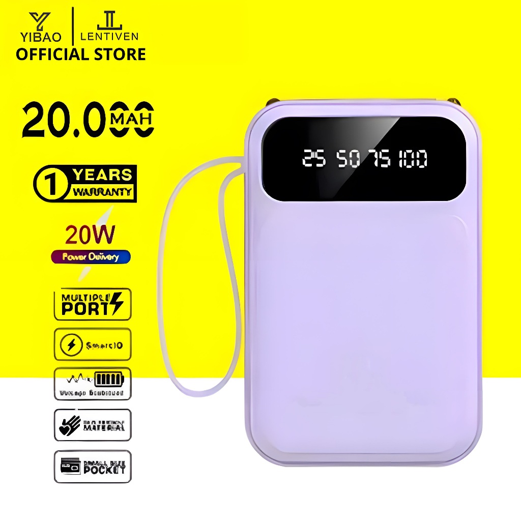 YIBAO LENTIVEN Powerbank 20000 mAh Mini Size Fast Charging with Kabel Data Type C Micro USB B7