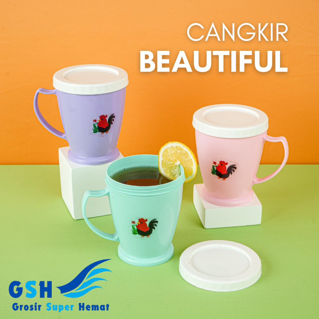 GSH - Cangkir Beautiful Plus Tutup Pastel Warna Warni Sticker Ayam Jago Mug Gelas Plastik Set Tutup 