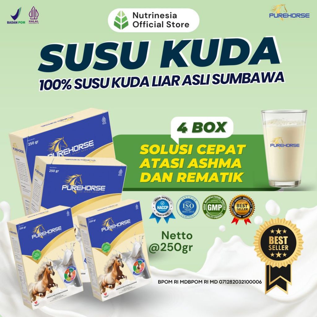 

Susu Kuda Pure Horse 100% Original dari Sumbawa Cepat Atasi Sesak Nafas Akut dan Nyeri Sendi Berat Kemasan 250gram Paket 4 Box