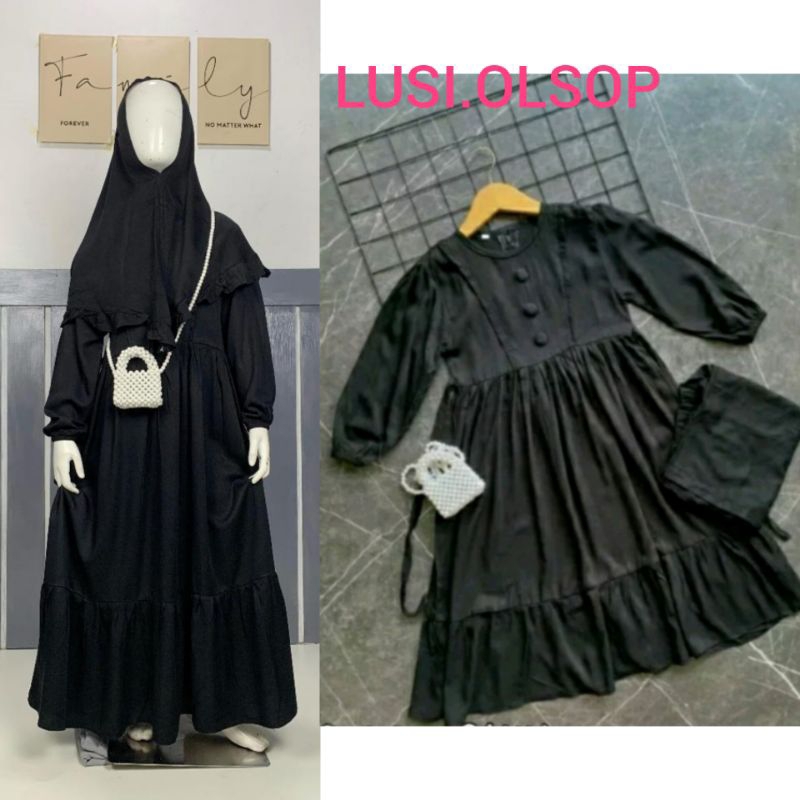 Gamis Anak Perempuan Hitam Bahan Katun Twill Set Hijab ( Usia 4-13 Tahun )