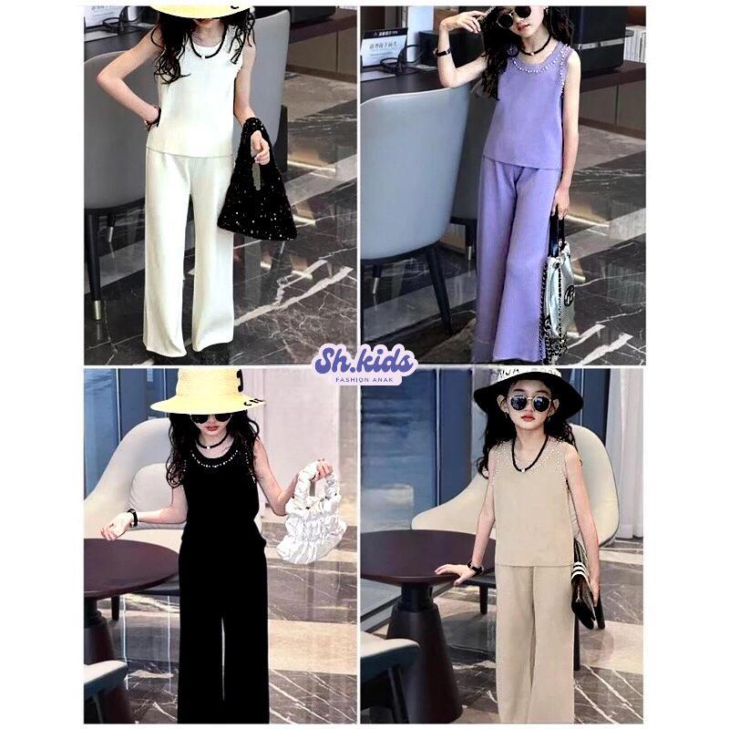 SETELAN RAJUT ANAK CEWE FASHION KOREA MODEL ATASAN LEKBONG AKSEN MUTIARA CELANA KULOT