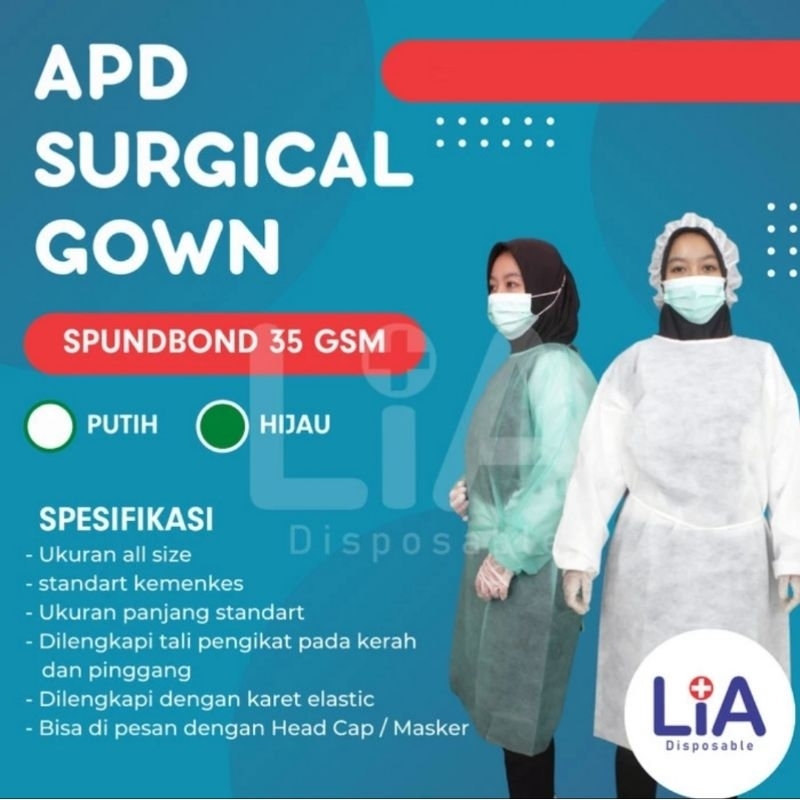 APD Gown Medis Lia Disposable Surgical Gown Disposable Spundbond 35 GSM | Warna Putih