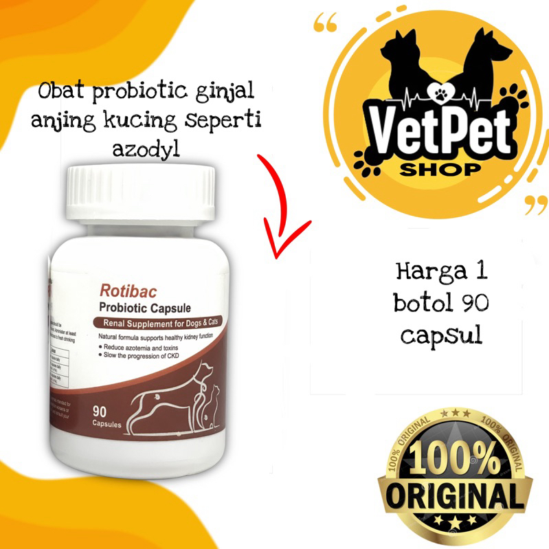 Rotibac suplemen probiotic Ginjal Anjing kucing perbotol 90 capsul Original