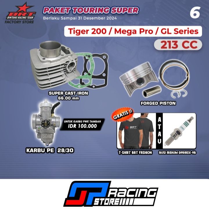 Paket Bore Up Tiger 200/Mega Pro Primus/GL - Blok Cast Iron-Piston 66-Karburator-BRT Paket Touring 6