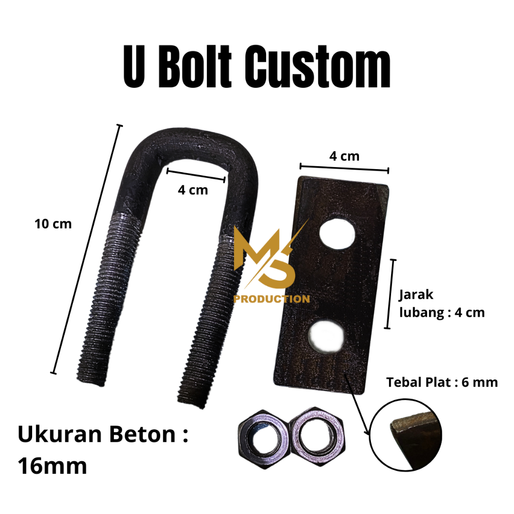 Custom U Bolt Behel dengan Plat Tutup Begel / Klem U Bolt Bak Truk Ukuran 10x4 cm
