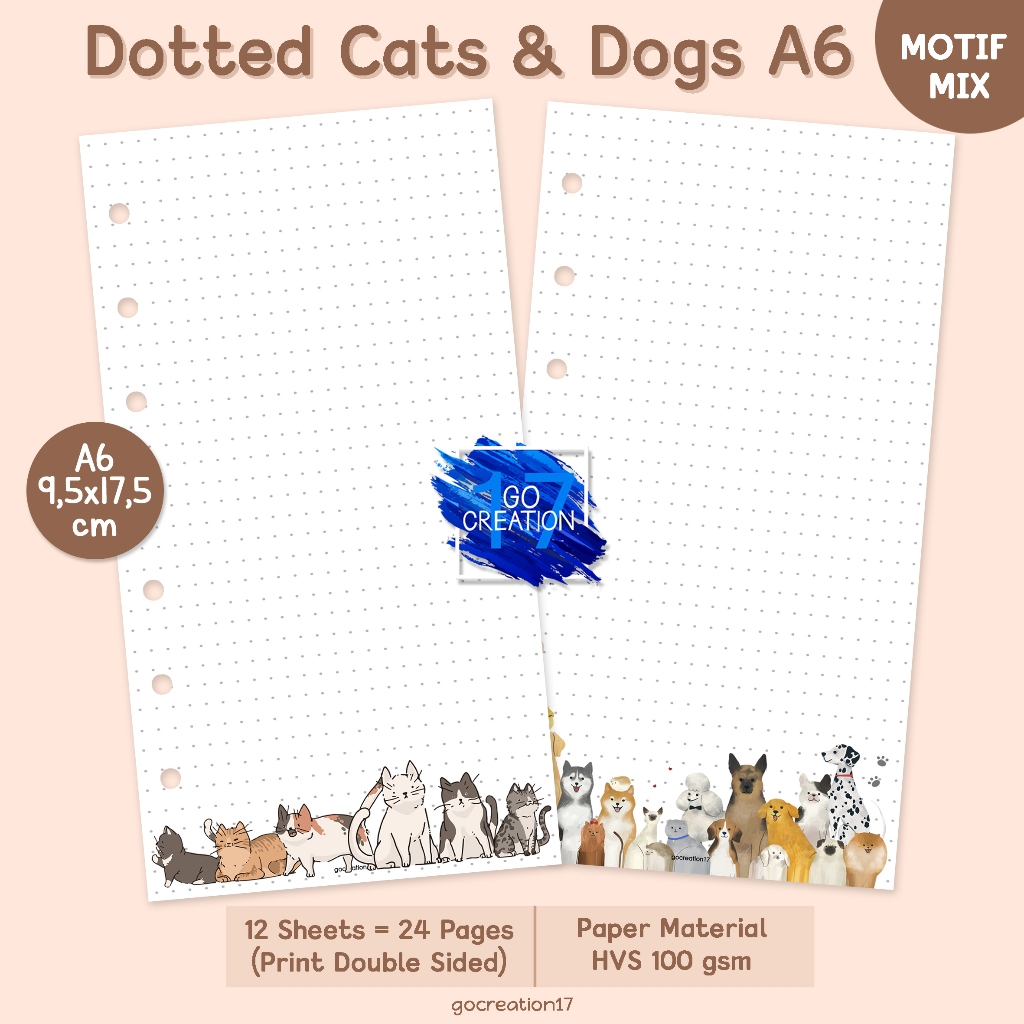 

Buku Planner Refill Kertas Binder Dot Bintik Dotted Cats and Dogs Motif Premium A6