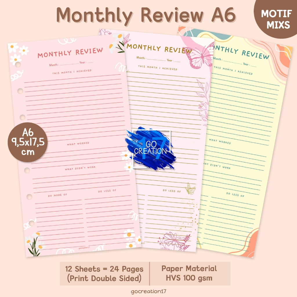 

Buku Planner Refill Kertas Binder Monthly Review Motif Premium A6