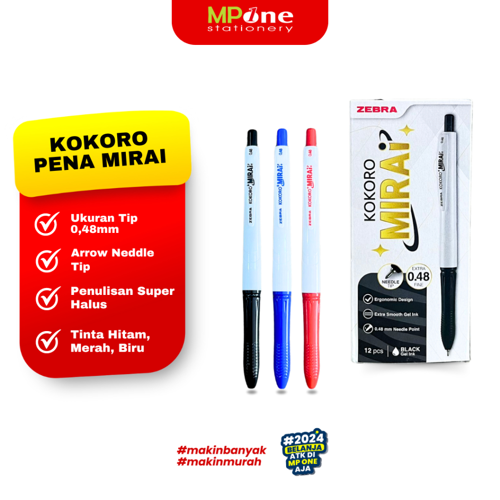 

(1 PCS) Zebra Pena Gel Kokoro Mirai 0,48mm Tinta Hitam, Biru, Merah / Pulpen Rectractable Gel Kokoro Mirai