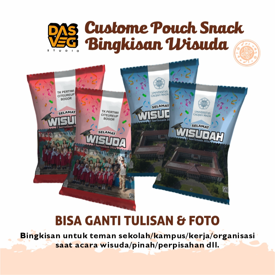 

Custome Pouch Snack | Bingkisan Sekolah/Kantor/Organisasi dll untuk acara wisuda, perpisahaan