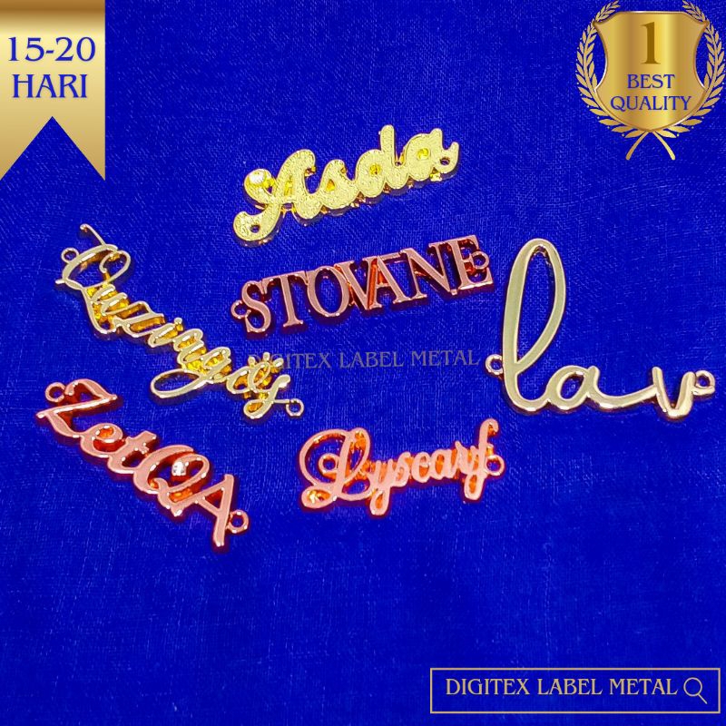 Label plat /label merek / label brand bentuk nama, tulisan atau huruf untuk hijab/gamis/mukenah/baju