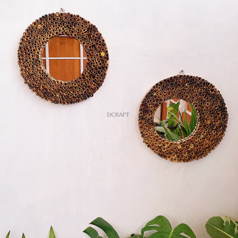 Cermin Bambu Pruntul Kaca Bulat Etnik Dekorasi Cermin Dinding