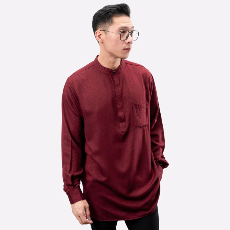 Baju Koko Kurta panjang Maroon | Kemeja Muslim Pria Kurta kerah Shanghai | Kemeja Kurta Panjang Madi