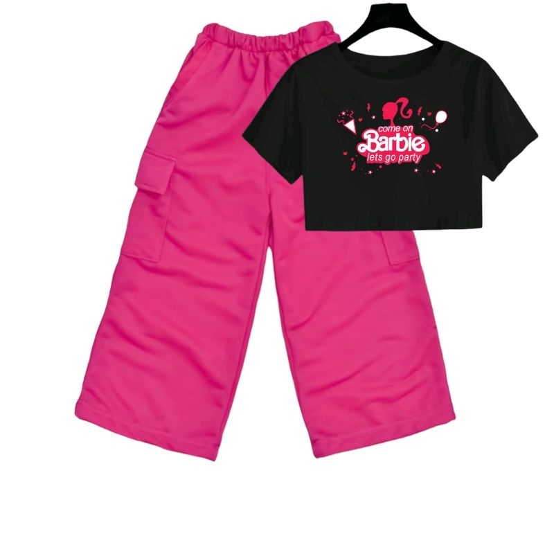 Setelan Anak Perempuan BARBIE PARTY Kaos Crop Top dan Celana Cargo Usia 5-12 Tahun Model kekinian