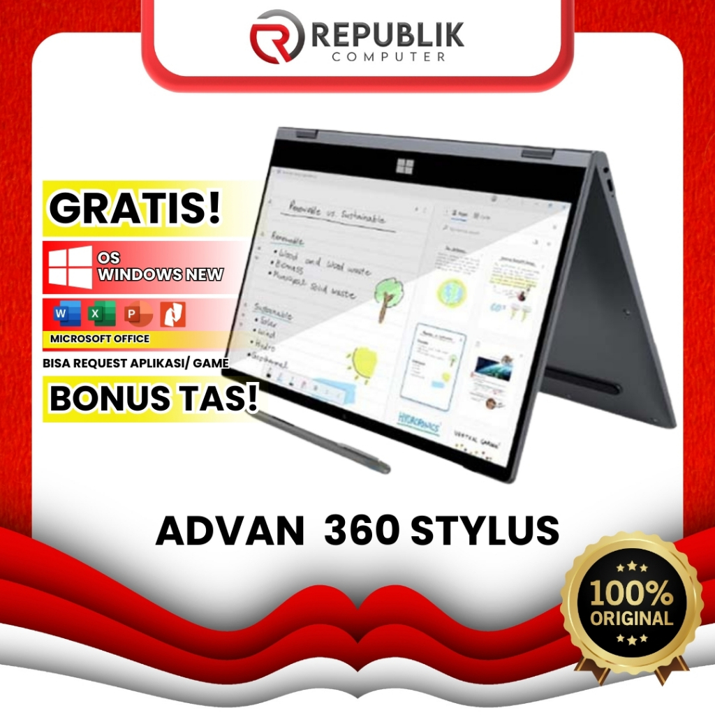 ORIGINAL LAPTOP ADVAN  360 STYLUS PRO CORE I3 FREE PEN TOOL RAM BESAR LAYAR TOUCHSCREEN