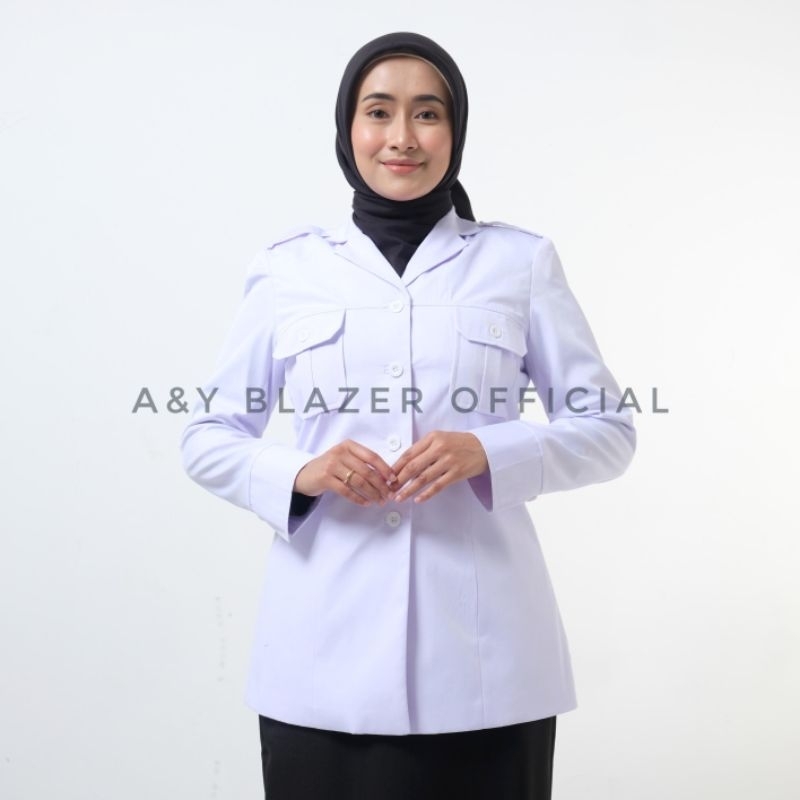 [09] A&Y Blazer Baju Seragam SAKU DADA PDH Guru / PNS Wanita Warna Khaki Tua & Putih Seragam Kerja