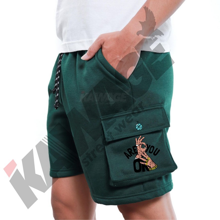 KAWAGE Celana Cargo Pendek boardshot pria wanita hijau botol