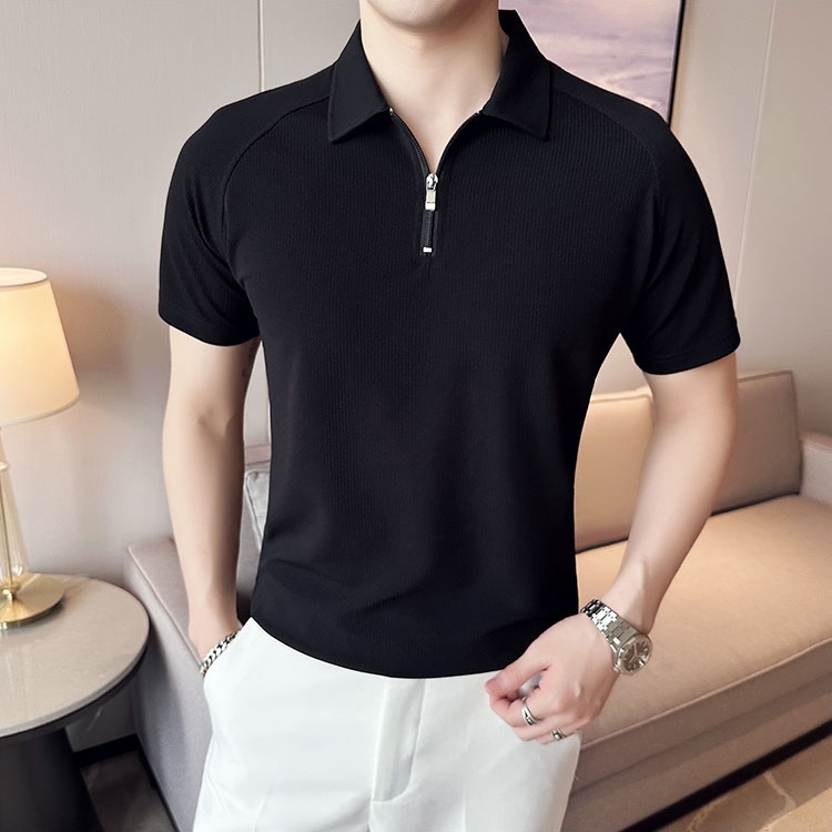 Kaos Polo Shirt Pria Kerah Knit Zipper Dewasa Slimfit Lengan Pendek Motif Polos Premium warna hitam