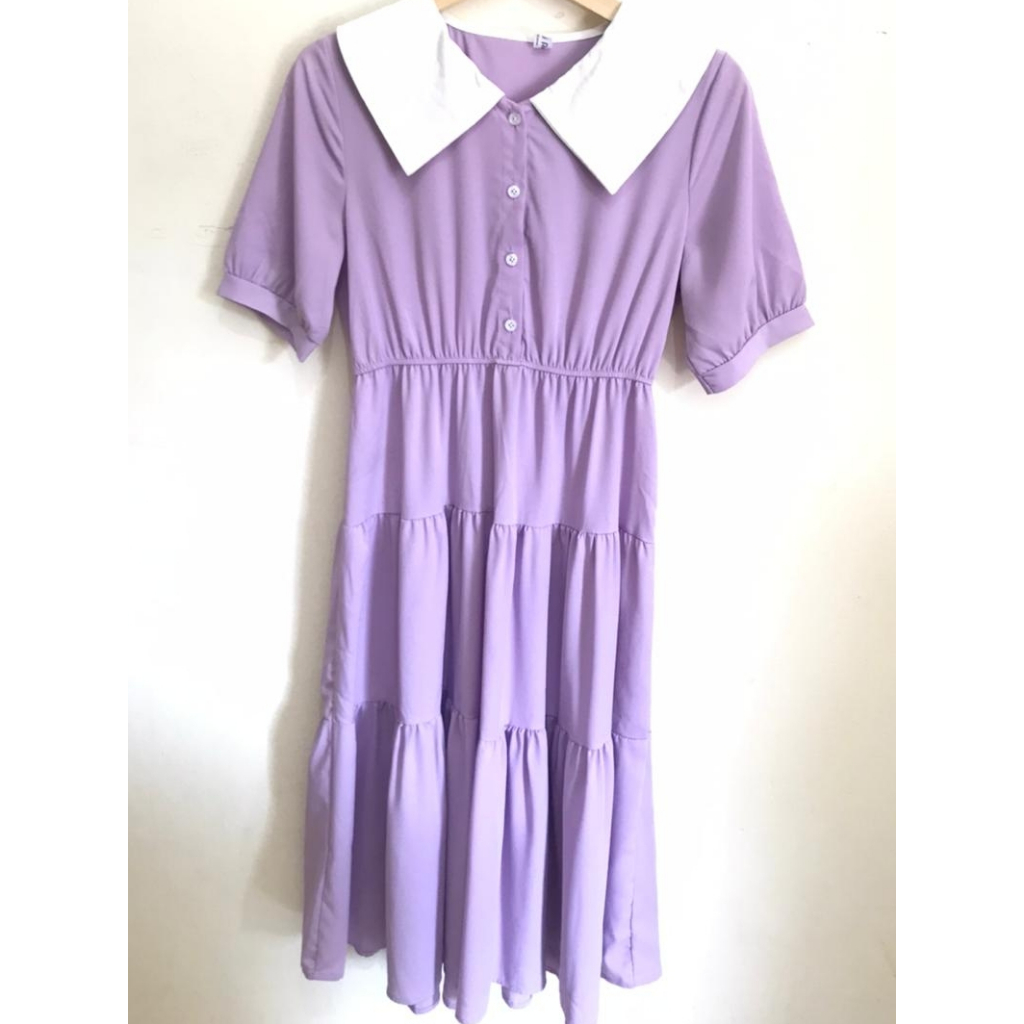 DM 09-Dress Wanita Lilac Korean style Kerah Rempel susun