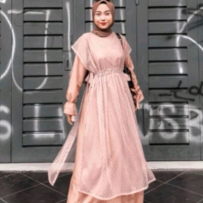 long vest kerut, vest tille polkadot, vest panjang kerut,rompi tali samping.