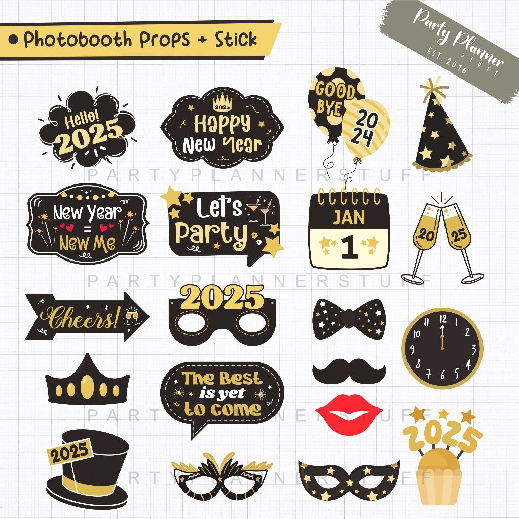 Fun props happy new year / stik foto aksesoris tahun baru / photo props new year eve / photobooth pr