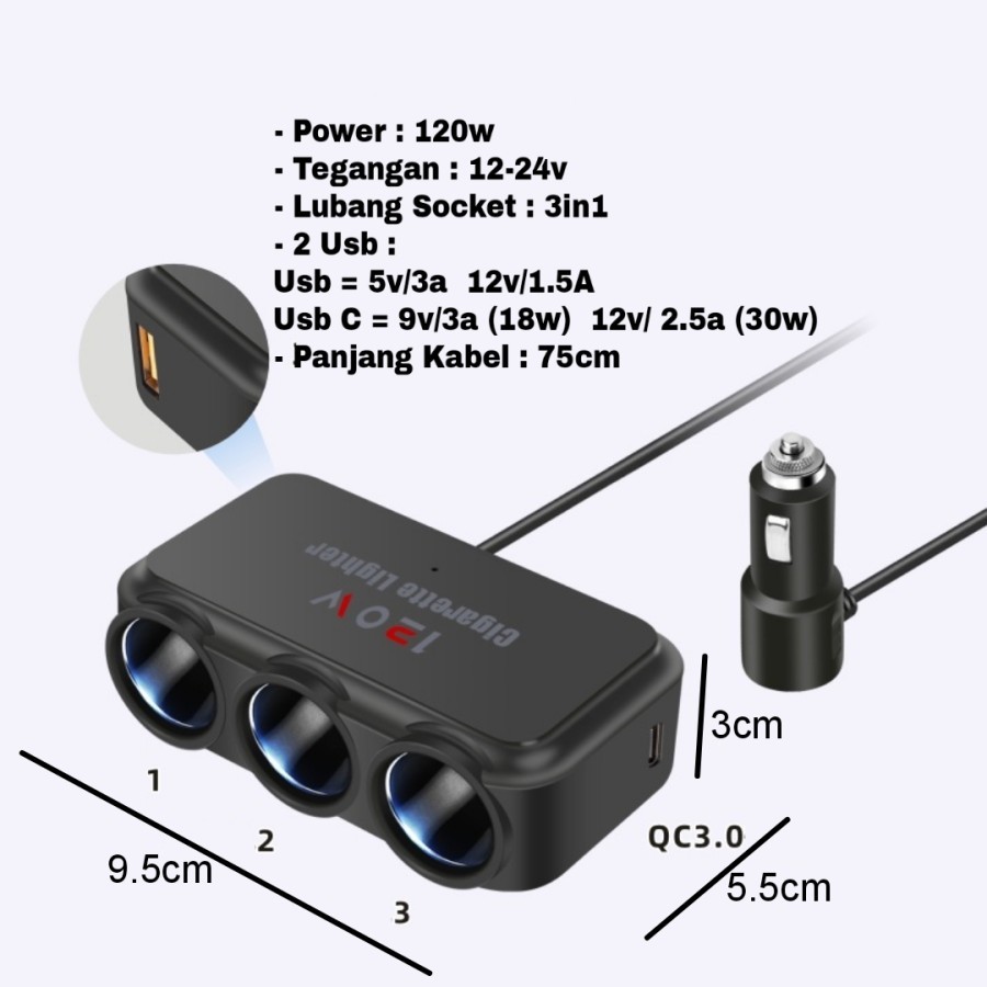 lighter charger socket mobil 120w spliter type c fast charging d29