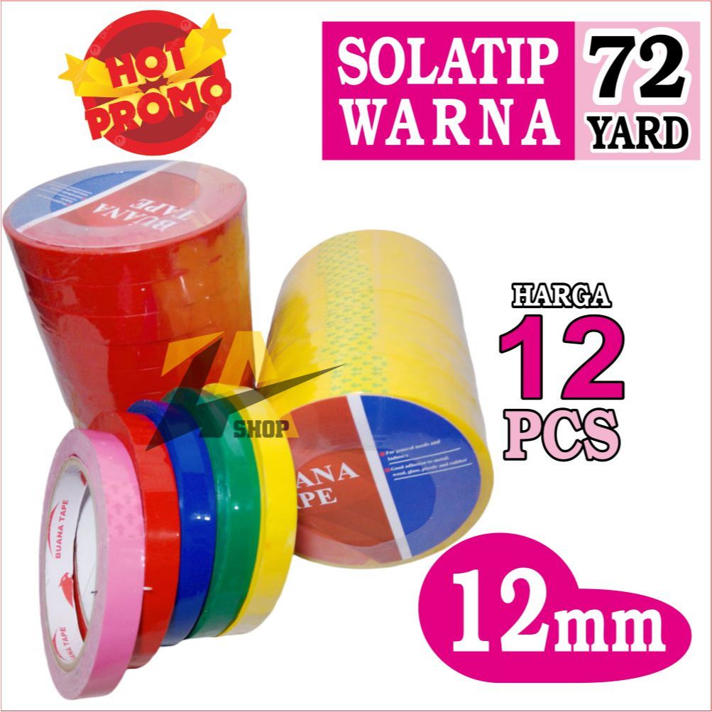 

LAKBAN SOLATIP 12mm WARNA 72 yard, SOLATIP WARNA HIJAU,BIRU,PINK,MERAH,KUNING SOLATIP KECIL 12mm