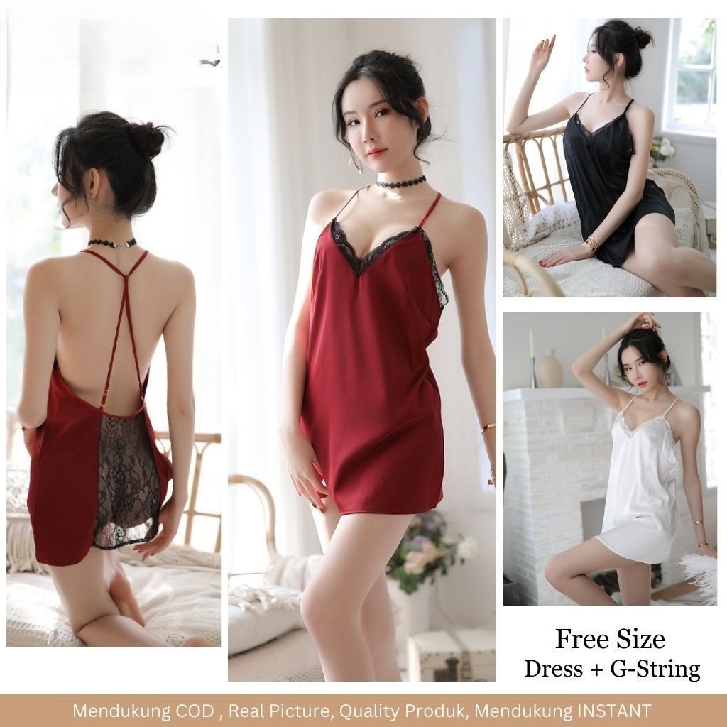 [oddsolshop] pekanbaru/Lingerie Set Silk Satin Baju Tidur Wanita Baju Dinas Malam Panjang Dress v21