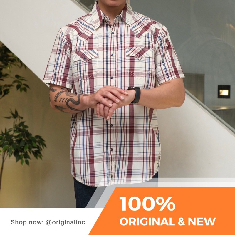 CJ Men's Festive Plaid Print Short Sleeve Snap Western Shirt Ivory Red CJ-SSS-06