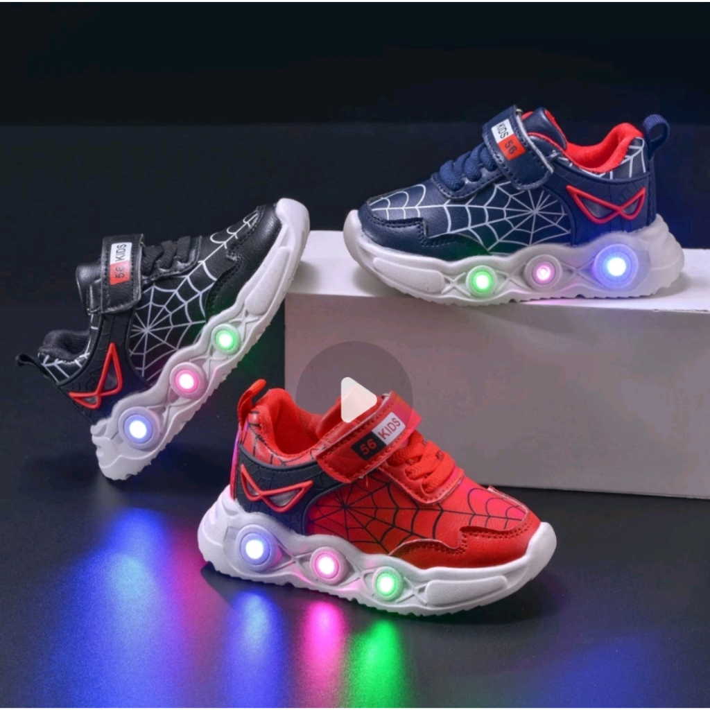 Sepatu Sneakers Spiderman LED Import Anak Laki-Laki Keren Modis/ Sepatu Kets Casual Sport Anak Cowok