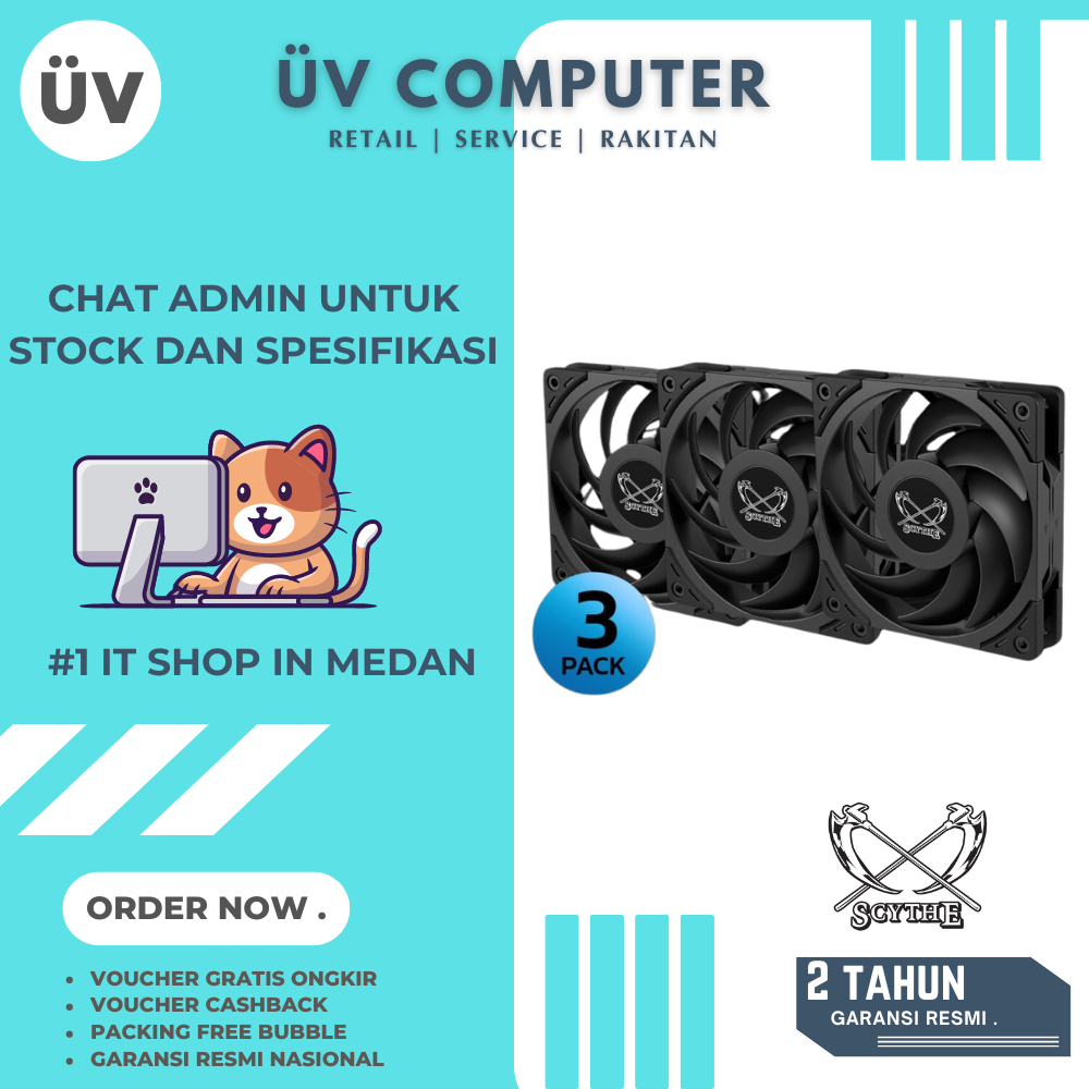 Fan Casing PC Komputer | Scythe Wonder Tornado 2500 RPM |  3 pack Fan | 120 mm 12cm | Black Hitam