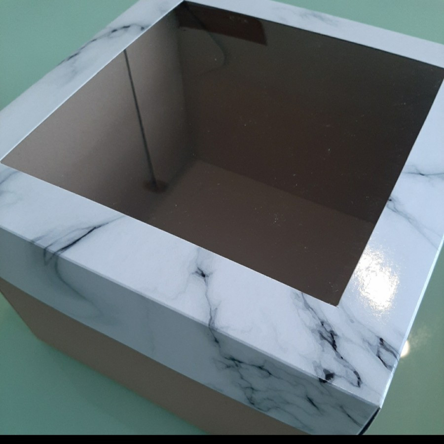 

(10pcs) dus box kue edisi putih marble kardus kemasan mika ukuran 25x25x10cm kardus duplek