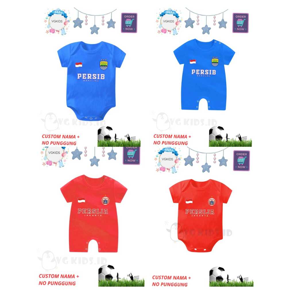 [BISA CUSTOM NAMA & NO PUNGGUNG] Romper Bayi Bola Liga Indonesia / Jumper Newborn Persib dan Persija