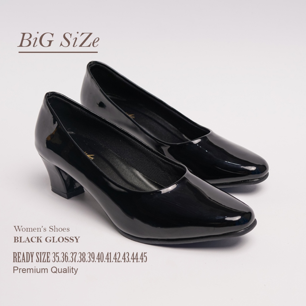 SIZE 35 - 43 Sepatu pantofel wanita hak 5 cm hitam kilap / Sepatu ibu guru ukuran jumbo