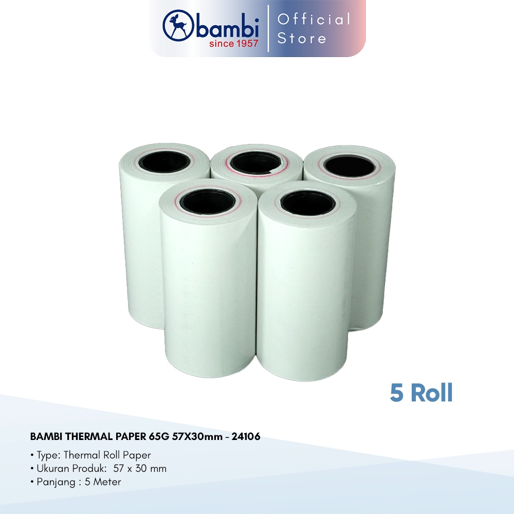 

Bambi Kertas Kasir Tipe Thermal Paper 65g 57x30mm Isi 5 Roll Original