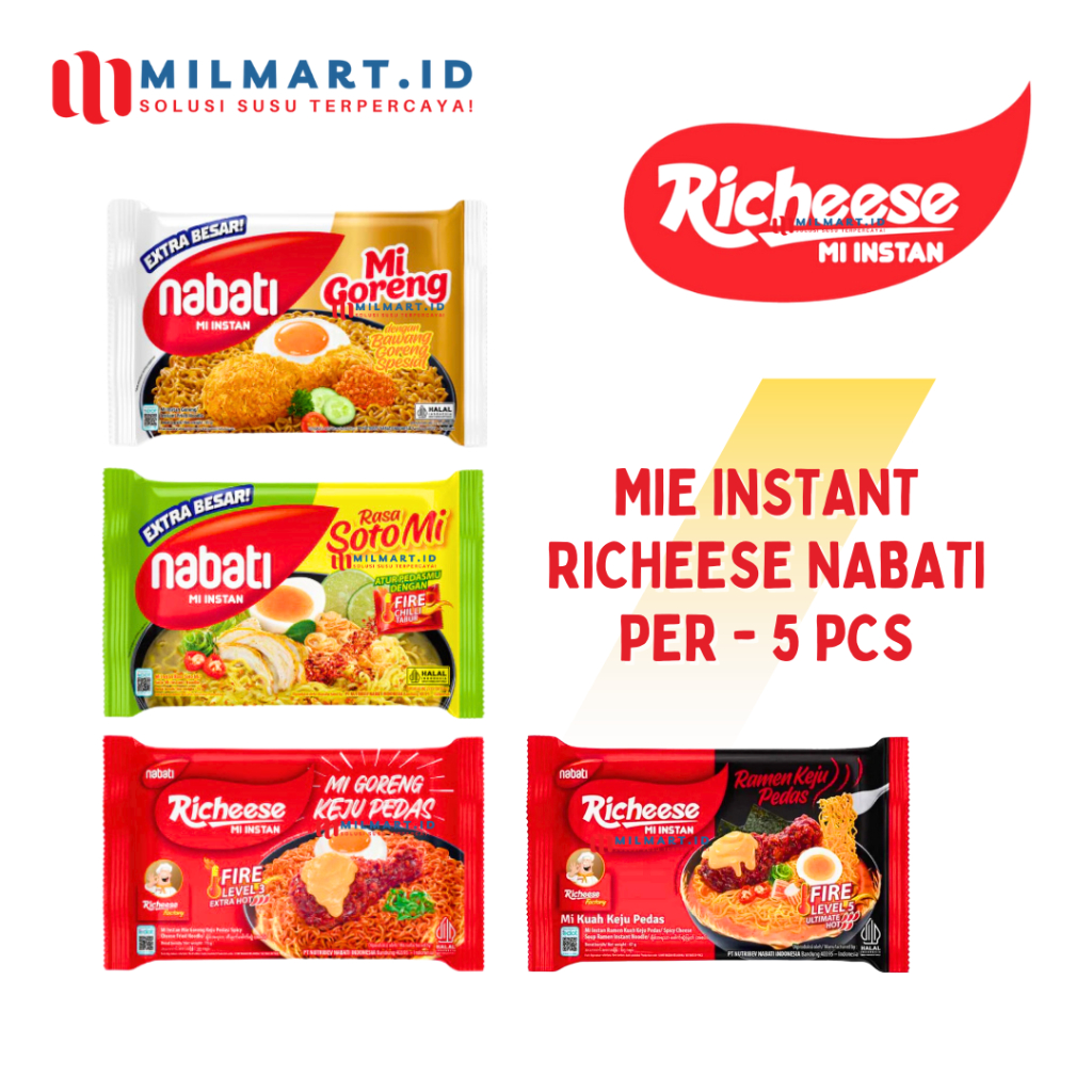

RICHEESE NABATI MI INSTAN 5PCS INSTANT NOODLES NABATI KEJU PEDAS MI GORENG BAWANG