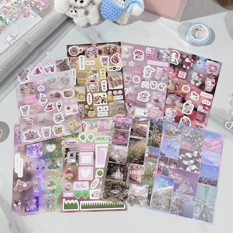 

sticker rilakkuma hello kitty japan vibes set 8 lembar glitter deco korean photocard readystock B3326